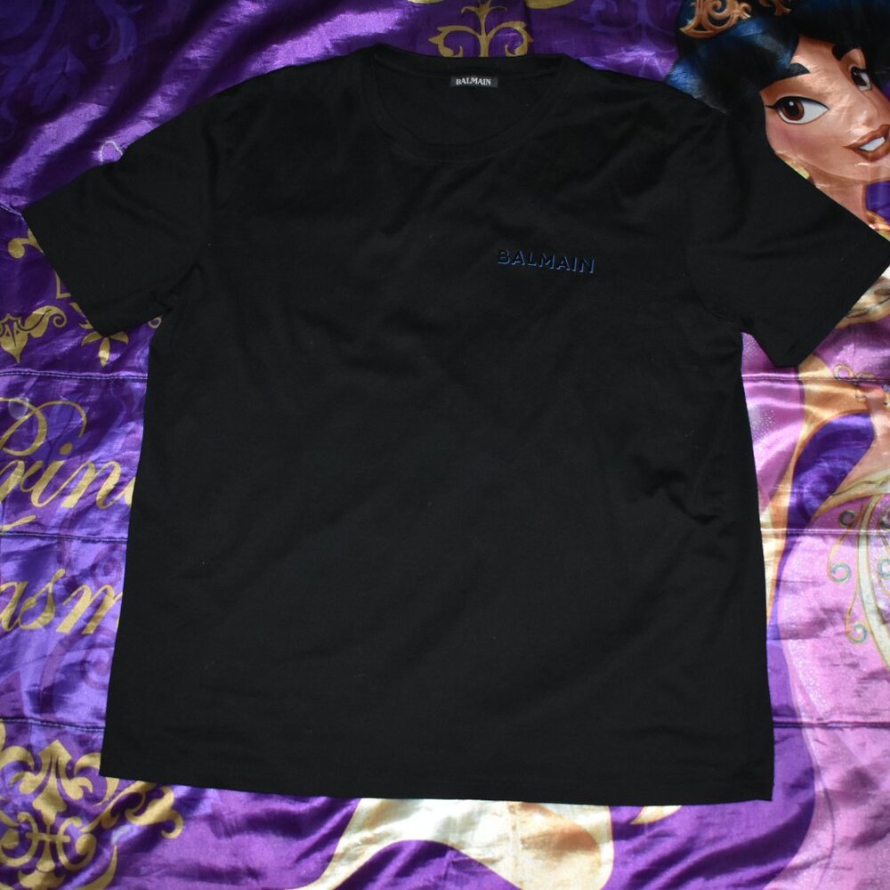 USED Balmain Paris Black Men's Large L T-Shirt / MISSING SIZE TAG & OTHER TAGS